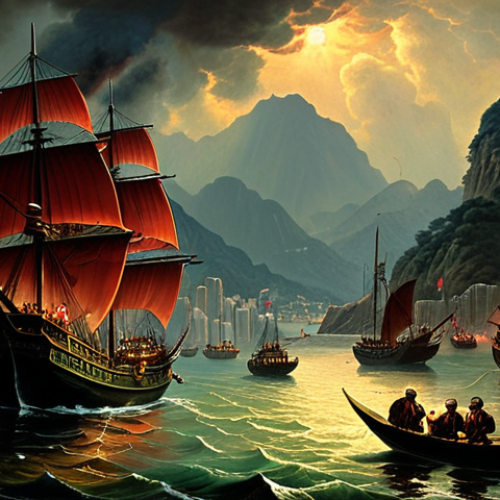 **

A dramatic, painterly scene depicting 19th-century Hong Kong harbor. Focus on the contrast between sleek British warships and smaller Chinese junks laden with opium. Emphasize a sense of clandestine activity and looming conflict. Use a dark, moody palette with touches of vibrant color to highlight the opium trade. Style: Dramatic historical painting, reminiscent of Delacroix.

**