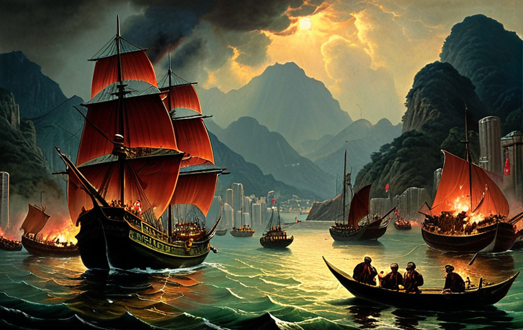 **
A dramatic, painterly scene depicting 19th-century Hong Kong harbor. Focus on the contrast between sleek British warships and smaller Chinese junks laden with opium. Emphasize a sense of clandestine activity and looming conflict. Use a dark, moody palette with touches of vibrant color to highlight the opium trade. Style: Dramatic historical painting, reminiscent of Delacroix.
**