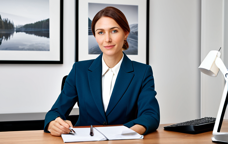 홍콩 디즈니랜드 여행 팁 - ** A professional businesswoman in a modest business suit, sitting at a desk in a modern office, ful...