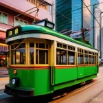 홍콩 전통 트램 딩딩  이용법 - **Prompt:** A picturesque, cinematic wide-angle shot from the front seat of the upper deck of a vint...