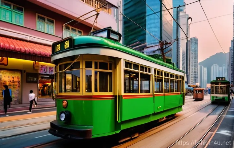 홍콩 전통 트램 딩딩  이용법 - **Prompt:** A picturesque, cinematic wide-angle shot from the front seat of the upper deck of a vint...