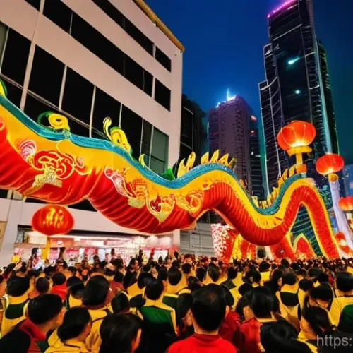 홍콩 전통 명절과 축제 - **Chinese New Year Parade in Hong Kong**
    A vibrant and joyful scene of the Chinese New Year Nigh...