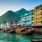 홍콩 영국 식민지 시기 - A bustling 19th-century Hong Kong harbor scene at Victoria Port under British colonial rule, featuri...