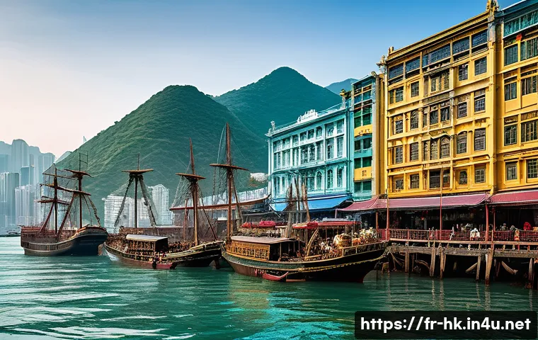 홍콩 영국 식민지 시기 - A bustling 19th-century Hong Kong harbor scene at Victoria Port under British colonial rule, featuri...