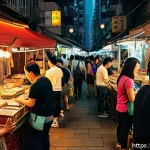 홍콩 관광지 - A bustling Hong Kong night market scene filled with colorful stalls selling handmade jewelry, electr...