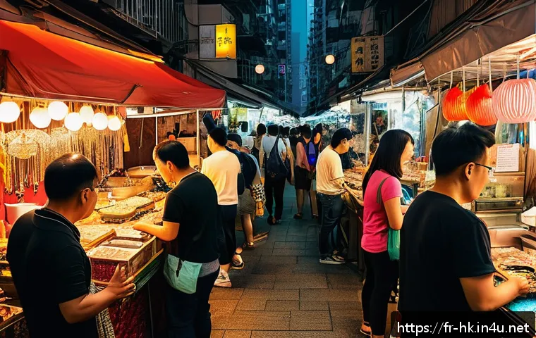 홍콩 관광지 - A bustling Hong Kong night market scene filled with colorful stalls selling handmade jewelry, electr...
