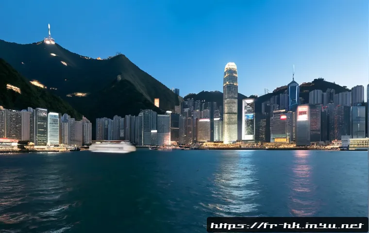 홍콩과 중국의 일국양제 정책 - Photorealistic wide-angle editorial scene of Hong Kong’s harbor at blue hour, a modern ferry gliding...